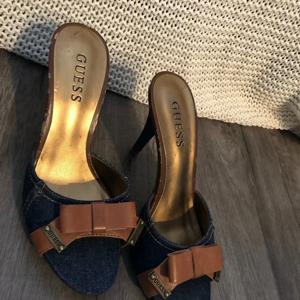 Guess Denim and Brown Bow Heels - Picture 1 of 5